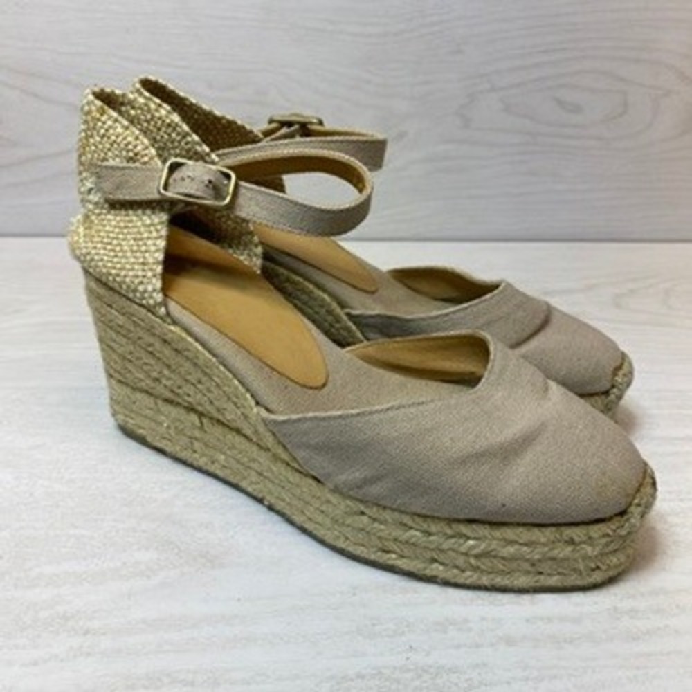 Castañer Women 6 36 Espadrille Wedge Sandal Ankle Strap Tan Canvas Jute Platform